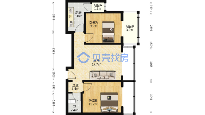 北街家园六区东向精装修两居室视野宽阔-平面图