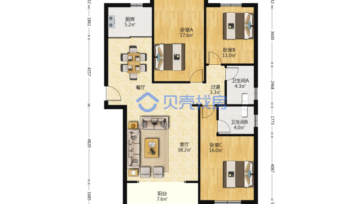 汇成天下3室2厅1厨2卫 大三房 区内环境优美，入住率高-户型图