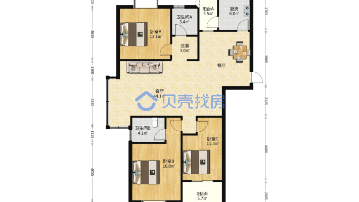 嘉荟新城 纯毛坯 136平 3室2厅2卫 视野好 楼层佳-户型图