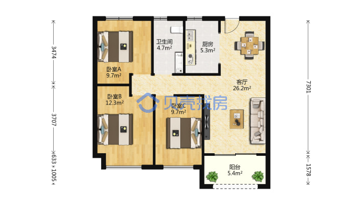 碧桂园龙城华府离人工湖可近的一栋96平小三室中间楼层-户型图