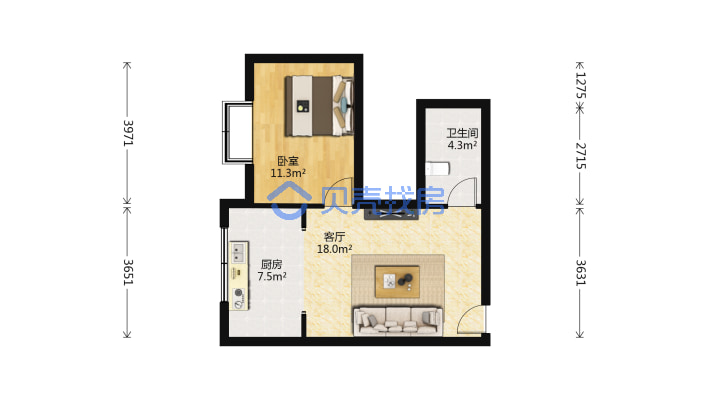 好楼层单身公寓出售，客厅，卧室，卫生间，都比较宽敞-户型图