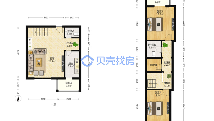 京铁家园三区 南北复式两居 朝南客厅 满五唯一-平面图