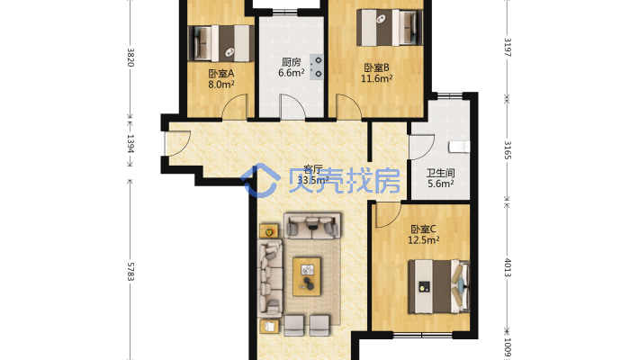 鸿坤新维港 三居毛坯南北通透 格局好 全天采光-户型图