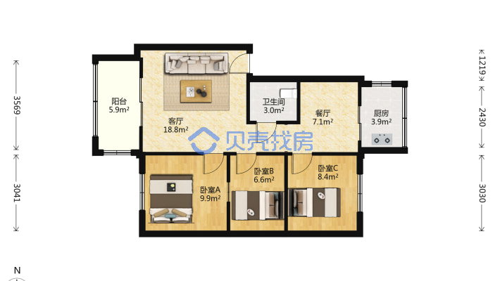 光明小区(涿州) 3室2厅 东 西-户型图