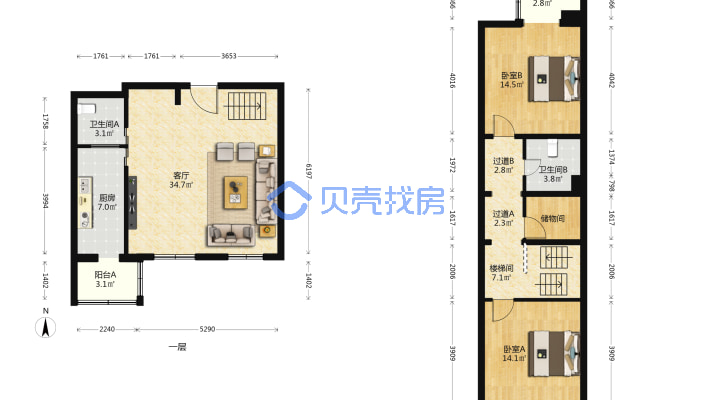京铁家园南北复式三居室，高楼层视野采光好-平面图