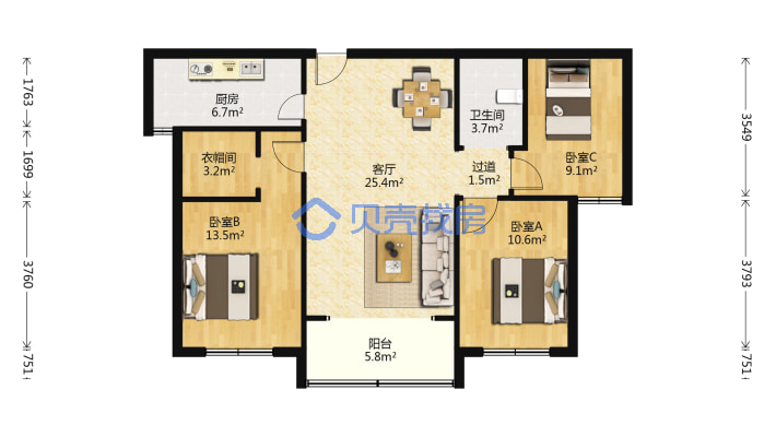 房主急售上海大厦旁 国秀家园精装3室全明户型拎包入住-户型图