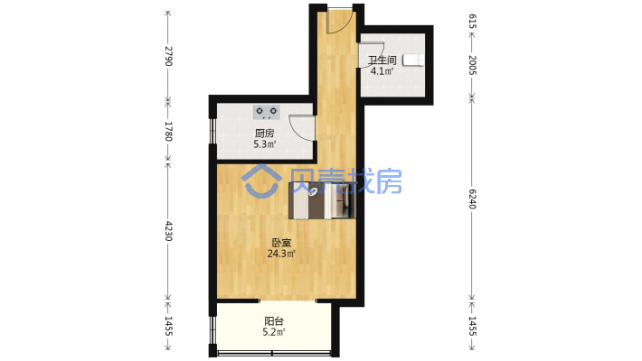 有房本 ，南向一居室，毛坯，有钥匙，随时看房-户型图