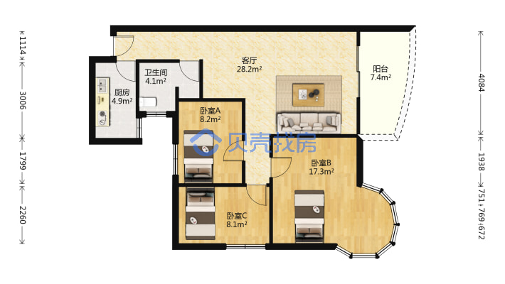 荔港南湾  全新装修三房  厅出阳台-户型图