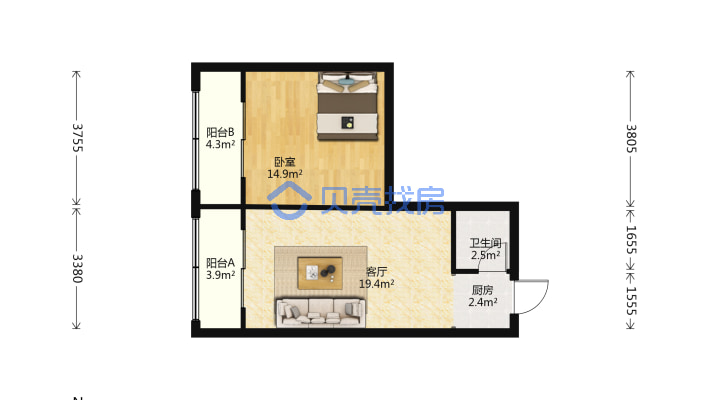 翡翠城标准一室一厅，中间楼层，带双阳台-户型图