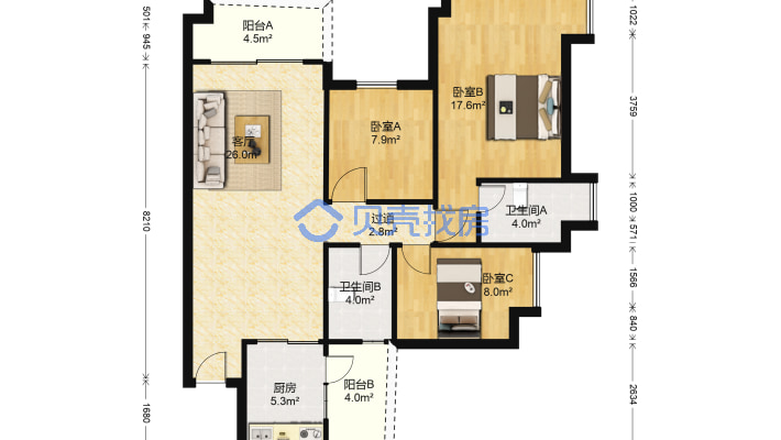 乐从雅居乐花园 3室2卫 103平 保养新净 高楼层采光好-户型图