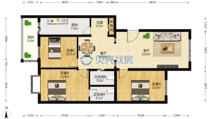 京铁家园 3室1厅 东 西-平面图