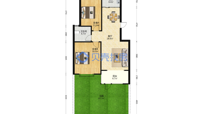 润博新城一楼带院，两室两厅，户型方正，有证-户型图