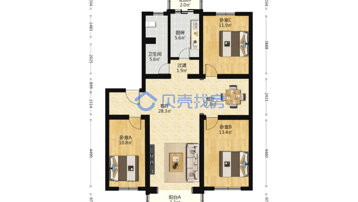 绿丰家园南北大三居 南北通透 餐客分离 三面朝阳-平面图