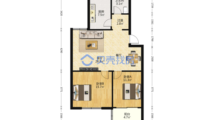 汇豪鑫城南区　低楼层装修好　有车库２室-户型图