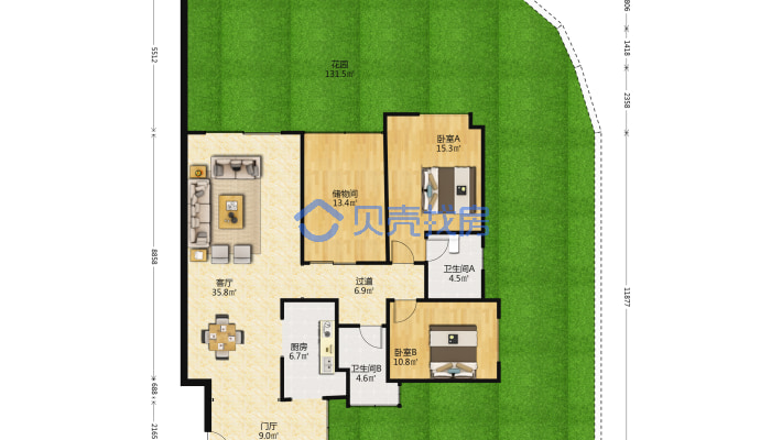 炳三区42，三室两厅双卫，带180平花园，拎包入住-户型图