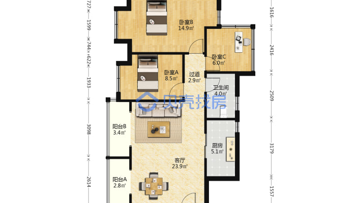 蓝光圣菲悦城一期 3室2厅 西-户型图