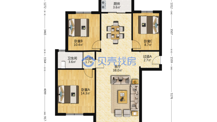 高层三室120平户型方方正单位建设品质保证-户型图