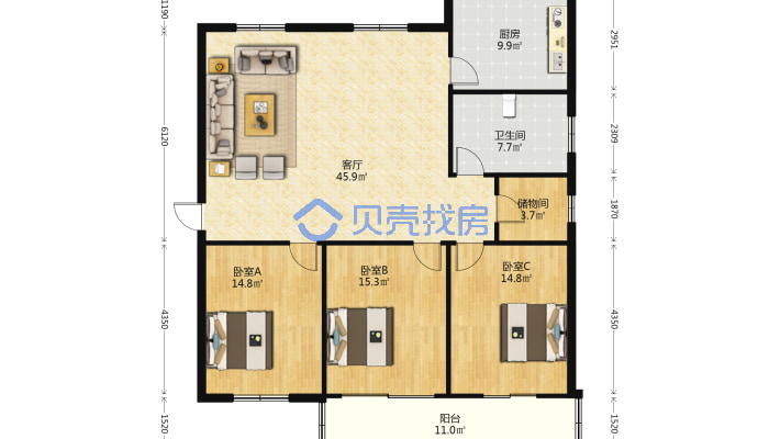 桃园新村 3室1厅 南-户型图