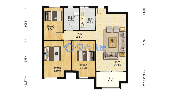 海亮悦府3-2-1-1 89.00m² 46 万-户型图