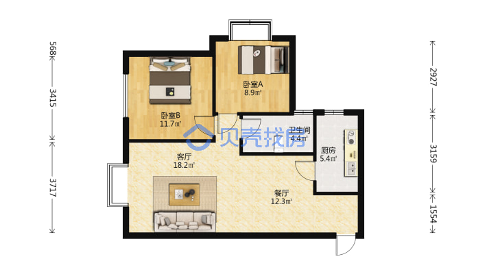 标准两居室 户型方正居住舒适 自住装修拎包入住-户型图
