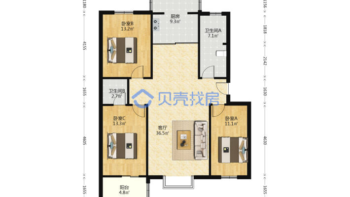 西城区  较新板楼  三层 三居室两卫   西丁双塔 校园-户型图