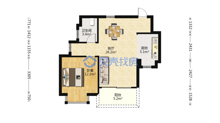 长信·海岸水城 1室2厅 南-户型图