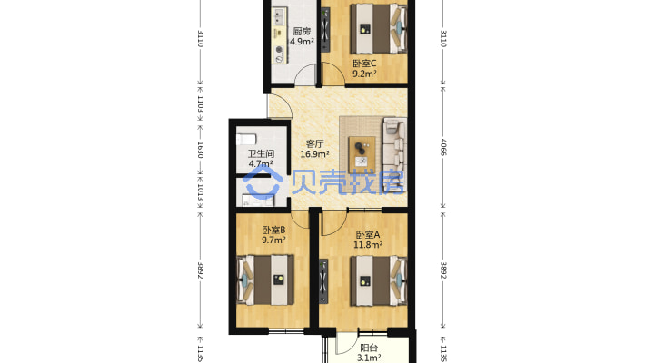 恩济里小区 3室1厅 77.4平米-户型图
