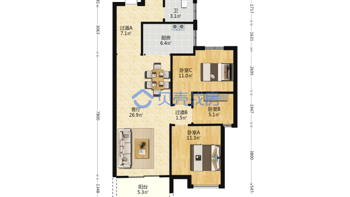 房东诚心出售,旁边配套齐全,小三室总价低好楼层-户型图