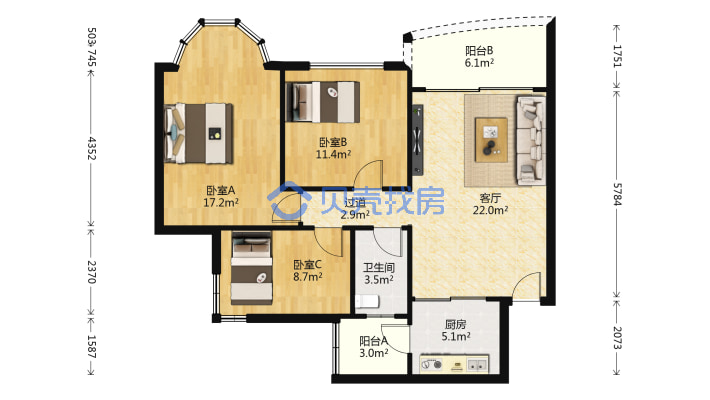 祈福新村月明轩 3室2厅 北 东北-户型图