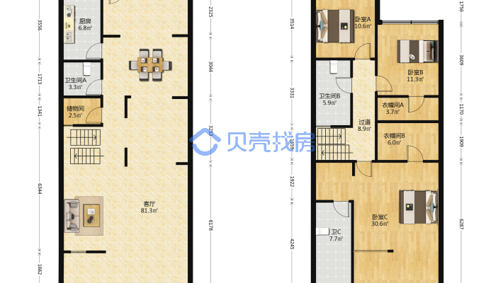 水月上叠精装，买二层附一层，南北双露台，含家具家电-户型图