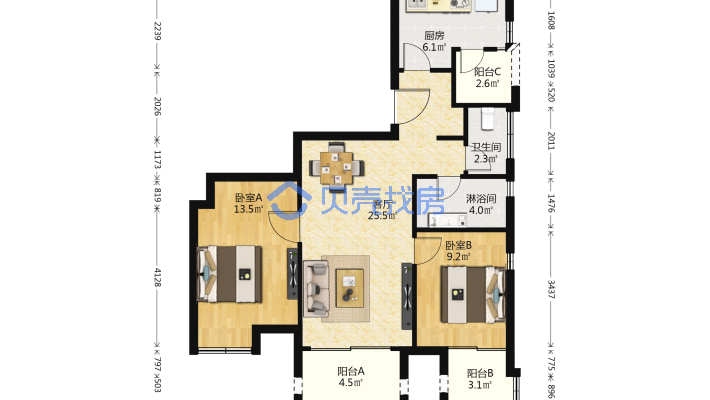 万科精装两房，双阳台设计，卧室带阳台，出行方便-户型图