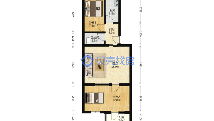 塔院小区带客厅两居室 南北通透3层 满五年单位分房-平面图