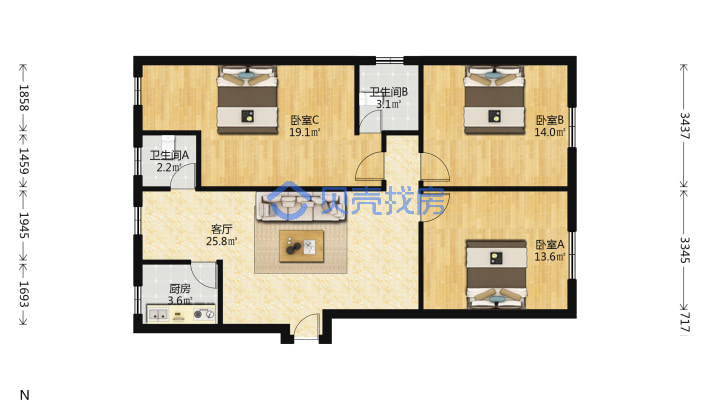 成中生活小区三室两厅户型方正采光好环境舒适-户型图