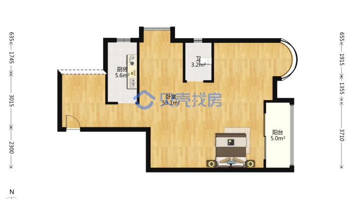 东方水岸 电梯两房 格局方正 五年不唯一-户型图
