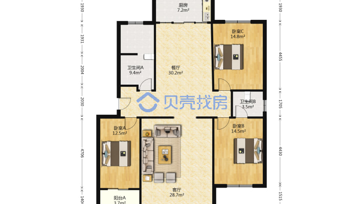 户型方正南北通透大三居三阳开泰户型