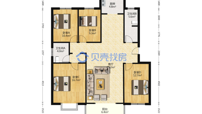 军欣家园 4室1厅 南 北-户型图