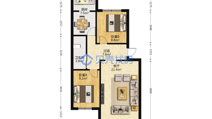 南湖二期旭东小区 2室2厅 75.63平米-户型图