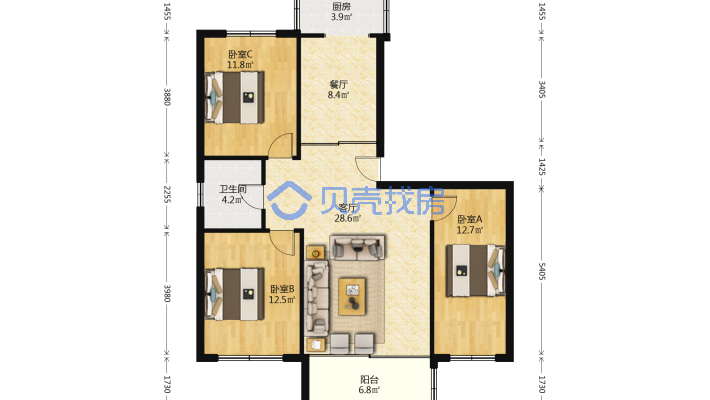 范阳路集中供暖南北通透大三居采光好税费低-户型图