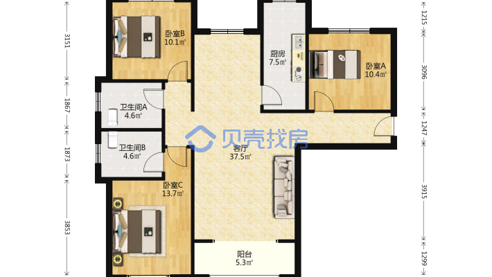 鸿坤理想湾 127平H户型 南北双通透 房本满二可贷款-户型图