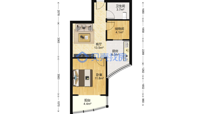 上海城1室1厅1厨1卫，精装修，电梯房，家具全新-户型图