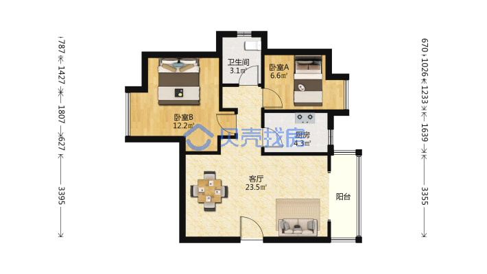 产证满二年，自住精装自住保养，明厨明卫，采光通风好-户型图