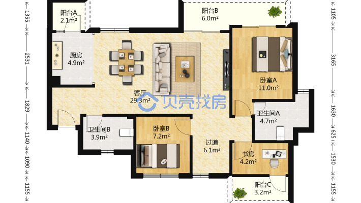 千禧河畔d区清水套三双卫,低楼层带平台-户型图