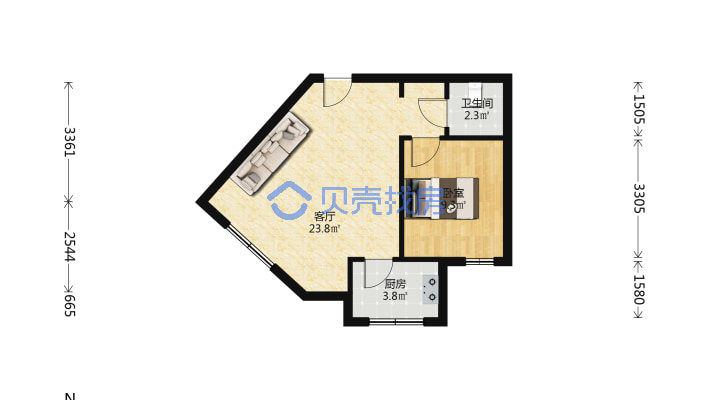 紫荆城一室一厅住宅性质有天然气独立厨卫民用水电-户型图