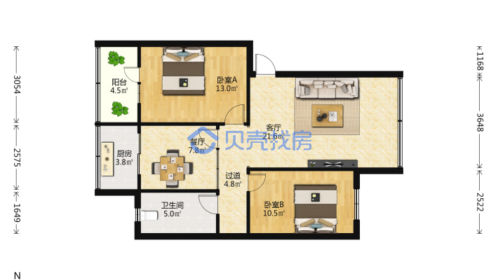 南湖医学院地铁一号线房单位房两居室低价售-户型图