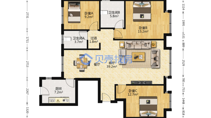 万达华府二期 3室2厅 南 北-户型图