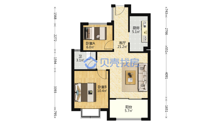 韵湖国际两房精装修拎包入住交通便利采光好-户型图