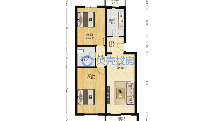 绿丰家园 南北通透两居 中间位置 精装修-平面图