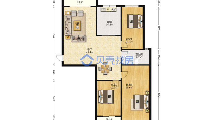 精装三房，家具家电齐全，中间楼层，两卧朝南-户型图
