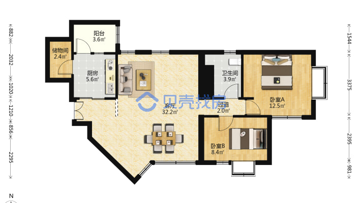 满五年唯一 东南全明2居 精装修 二个车位 高层阳光好-平面图