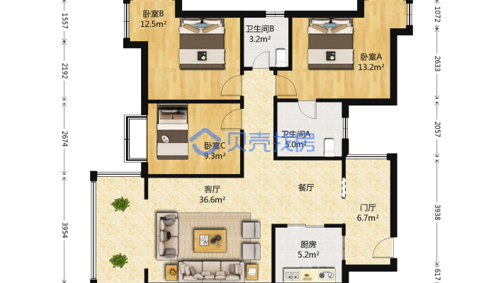 置信逸都丹郡d区 3室2厅 东-户型图
